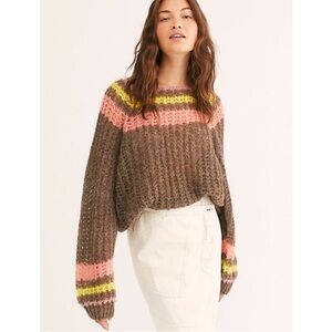 Free People Brown Crewneck Sweater with Pink and Yellow Stripes